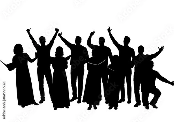 Obraz Silhouette of a choir with raised hands and music sheets against a white background