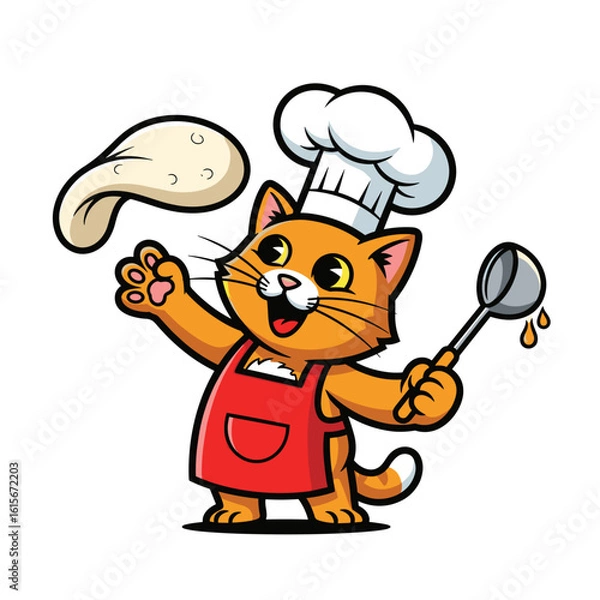 Obraz Happy Cartoon Cat Chef Tossing Pizza Dough with Ladle