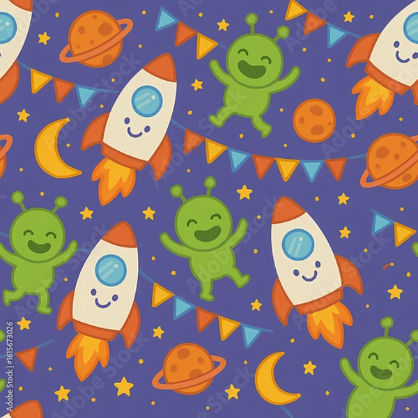 Fototapeta Cute Cartoon Space Alien Rocket Moon Star Seamless Pattern Design