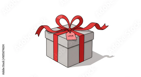 Obraz Gift Box with Red Ribbon and Love Tag on White Background