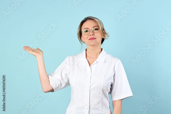 Fototapeta Portrait of cheerful female cosmetologist
