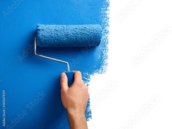 Fototapeta Paint roller applying blue paint isolated on transparent or white background, png