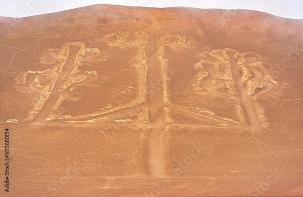 Fototapeta View of the ancient Candelabra geoglyph etched into the arid hillside of the Paracas Peninsula in Peru.