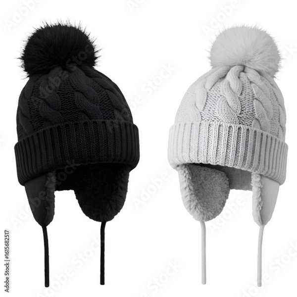 Fototapeta Isolated Photo of Black And White Winter Hats With Pom Detail on Transparent Background