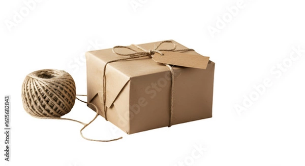 Fototapeta Isolated Photo Of Brown Gift Box And String With Tag On Black Background