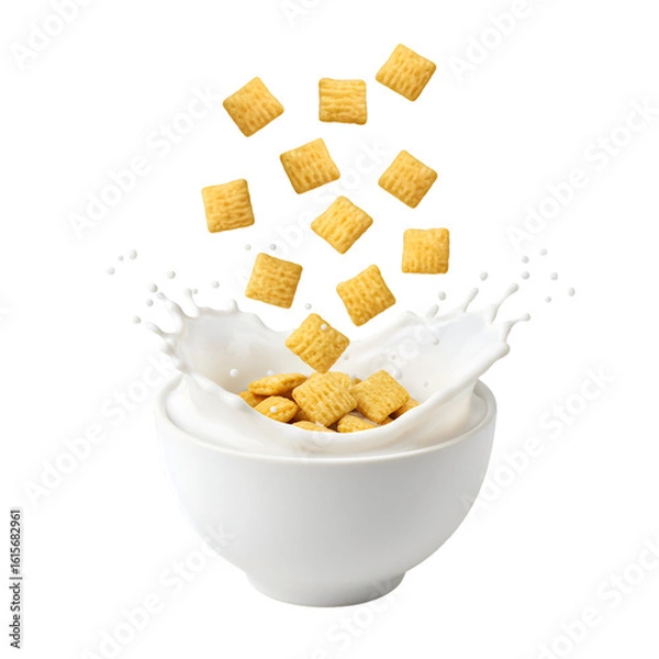 Fototapeta Isolated Photo Of Cereal Milk Splash With Falling Square Breakfast Food