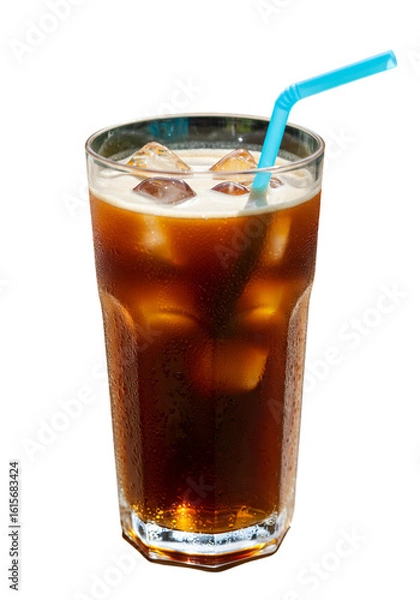 Fototapeta Isolated Photo Of Cold Refreshing Cola Drink With Ice Cubes And Blue Straw