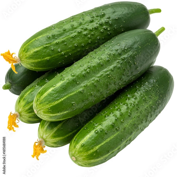 Fototapeta Isolated Photo of Fresh Green Cucumbers with Yellow Blossoms on Transparent Background