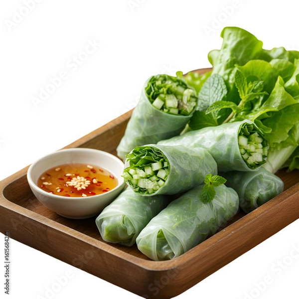 Fototapeta Isolated Photo of Fresh Spring Rolls with Sauce on Wooden Plate for a Delicious Meal
