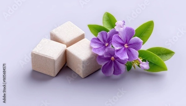 Fototapeta Three light beige cubes with a cluster of purple flowers.