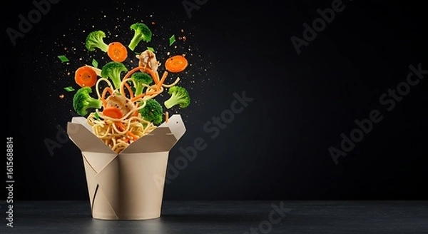 Fototapeta Noodles with broccoli and carrots are flying out of a takeout container against a dark background.