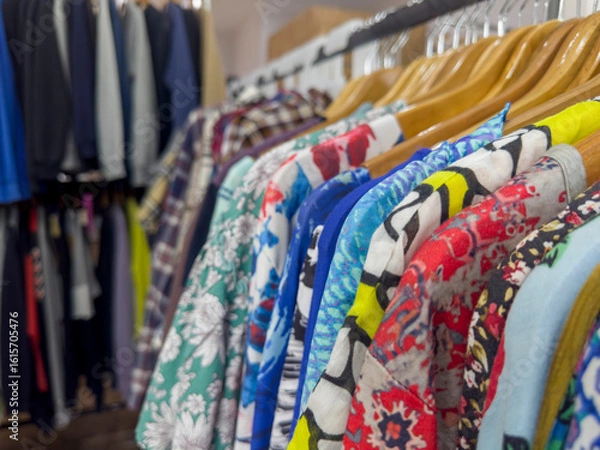 Fototapeta A colorful array of patterned clothing hangs on wooden hangers in a retail setting, with a blurred rack of more subdued garments in the background.