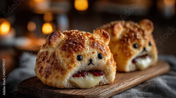 Fototapeta Adorable Bear-Shaped Baked Pastries. The image could be used for promoting children's party treats, special holiday-themed items, or as a fun addition to a cafe's menu.