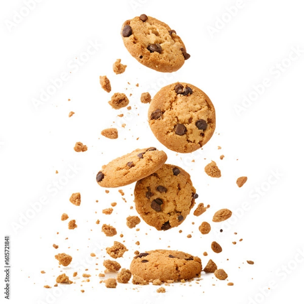 Fototapeta Chocolate chip cookies are falling and floating in the air on a transparent background in studio