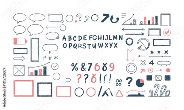 Fototapeta Modern vector illustration in a wide variety of hand-drawn infographic and annotation elements, Hand drawn design elements. Vector frames, arrows and different shapes, easily editable and scalable.