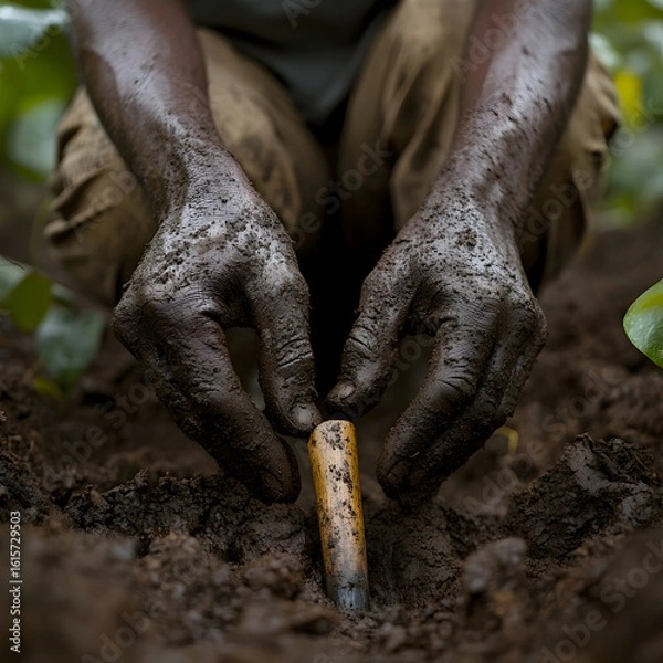 Fototapeta Close-up of dark-skinned hands planting a seedling in dark soil.