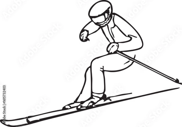 Obraz Single Skier Line Drawing Executing Downhill Skiing on White Background. Minimalist Art.
