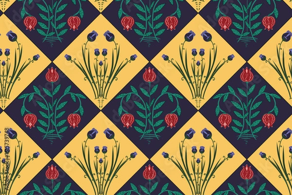 Fototapeta Floral seamless pattern with plants arranged in a checkerboard design.