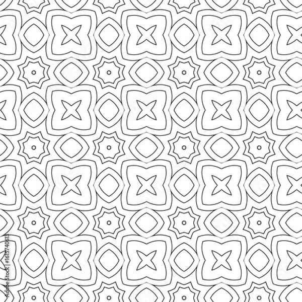 Fototapeta Intricate monochrome seamless pattern featuring elegant geometric and floral shapes. Abstract black and white line art illustration for backgrounds, textiles, and coloring pages.