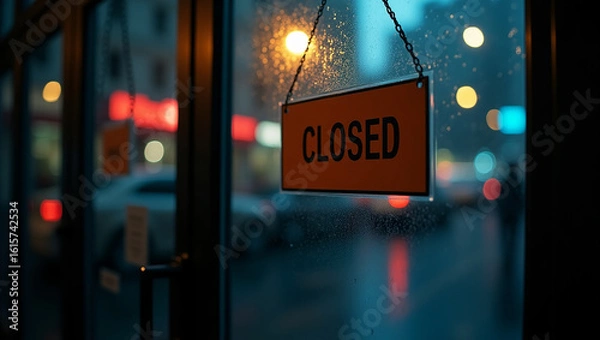 Fototapeta Urban storefront with a 'Closed' sign on a rainy night. Concept of business closure and economic downturn.
