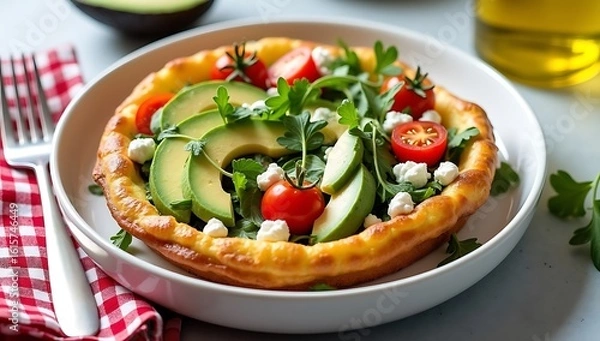 Obraz Delicious Savory Dutch Baby Pancake Topped With Fresh Avocado Cherry Tomatoes Arugula and Feta Cheese