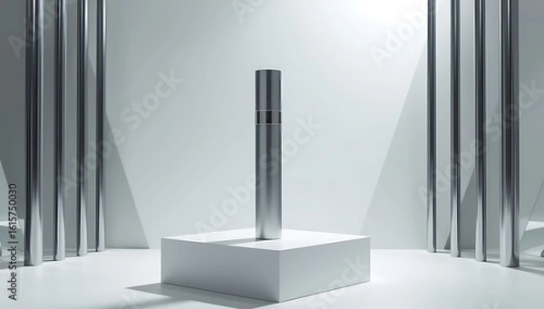 Obraz Sleek Silver Mascara Tube Centered on White Pedestal with Metallic Beams and Spotlight Illumination Creating a Modern Luxury Beauty Product Advertisement