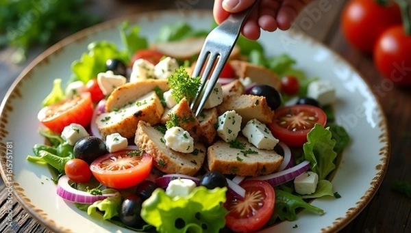 Obraz Delicious Grilled Chicken Salad with Fresh Vegetables and Feta Cheese a Healthy Meal Option