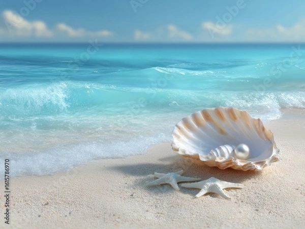 Fototapeta Seashell with Pearls on Sandy Shore with Ocean Waves