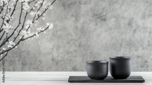 Obraz Elegant dark cups with spring flowers