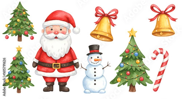 Fototapeta Watercolor Illustration Of Christmas Santa Tree Bell and Ornament with Transparent Background