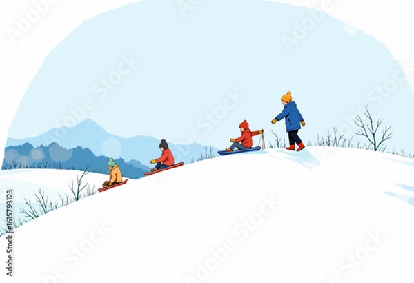 Obraz Children sledding down a snowy hill in a winter landscape  