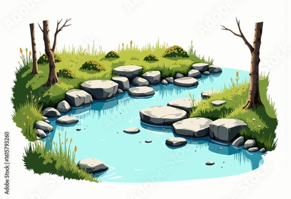 Fototapeta Serene illustration of a clear stream with rocks and grass  
