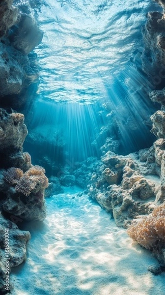 Fototapeta Underwater Scene with Sun Rays and Coral Reef