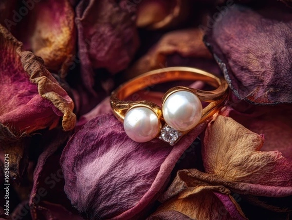 Obraz Gold Ring with Pearls and Diamond on Dried Rose Petals

