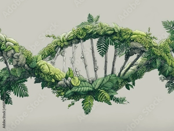 Fototapeta Surreal DNA Helix with Growing Trees and Lush Greenery in Nature-Inspired Composition