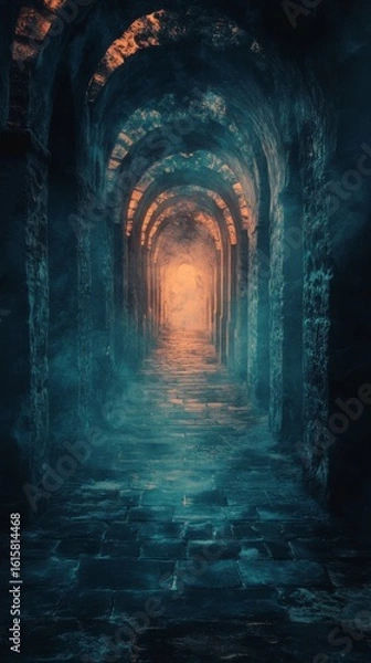 Fototapeta Walking Through Stone Archway with Glowing Light and Fog