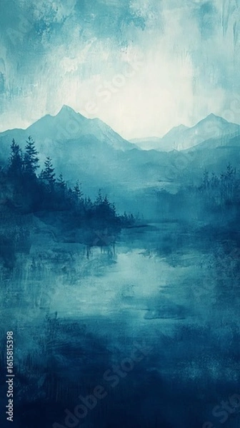 Obraz Misty Mountain Landscape with Forest and Lake in Blue Hues