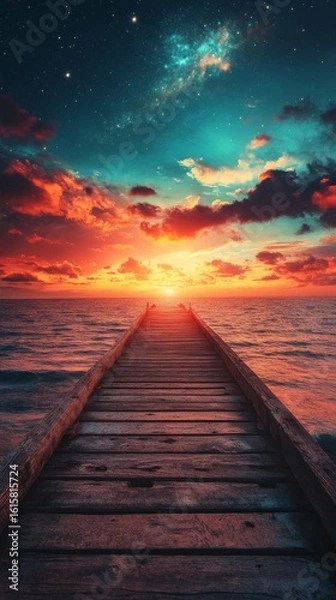 Fototapeta Walking on Wooden Pier Into Sunset Ocean View with Colorful Clouds