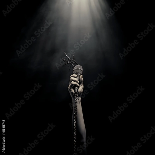 Fototapeta Hand Raised in Light Holding a Microphone in Shadows