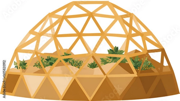 Fototapeta A Detailed Model of a Light Brown Wooden Geodesic Dome Greenhouse with Various Small Green Plants Growing Inside on a Transparent Background