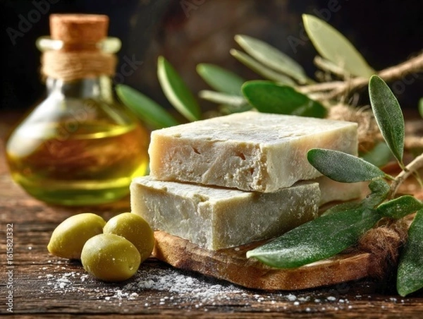 Fototapeta Rustic Still-Life of Olive Oil Bottles and Cheese Block on Wooden Table