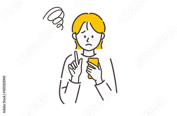 Obraz スマホを使っている不満げな女性のイラスト