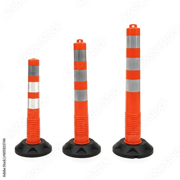 Fototapeta Traffic delineators with orange and white stripes on black bases  