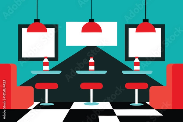 Fototapeta Retro diner booth seating with red stools and checkered floor under pendant lights