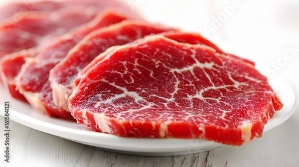 Obraz Fresh beef slices arranged on a plate.