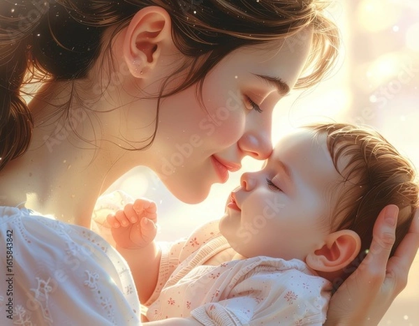 Fototapeta Tender moment of a person gently holding a baby close, illuminated by warm light. A serene, emotional scene capturing love, care, and connection between caregiver and child