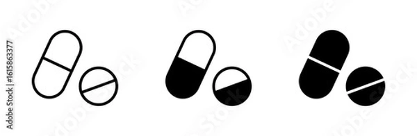 Obraz Combined capsule and round pill icons in outline and solid styles, representing pharmaceutical drugs, medication types, medical treatment, dosage, and healthcare solutions