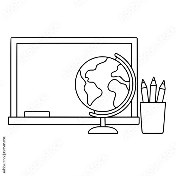 Fototapeta Chalkboard, globe, and pencils on a desk in a classroom setting  