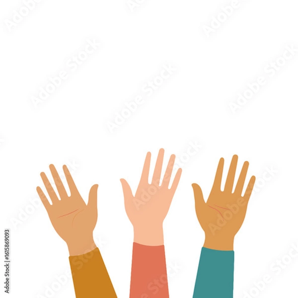 Fototapeta Three hands raised in participation or unity.