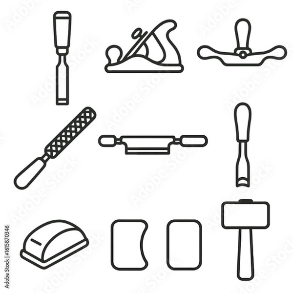Fototapeta Woodworking Tools Icons. Line style icons of shaping tools for wood: wood chisel, block plane, spokeshave, rasp file, drawknife,
